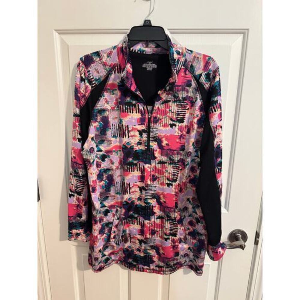 CJ Banks Quarter Zip Long Sleeve Athletic Knit Top Plus 1X Pink Black Pockets